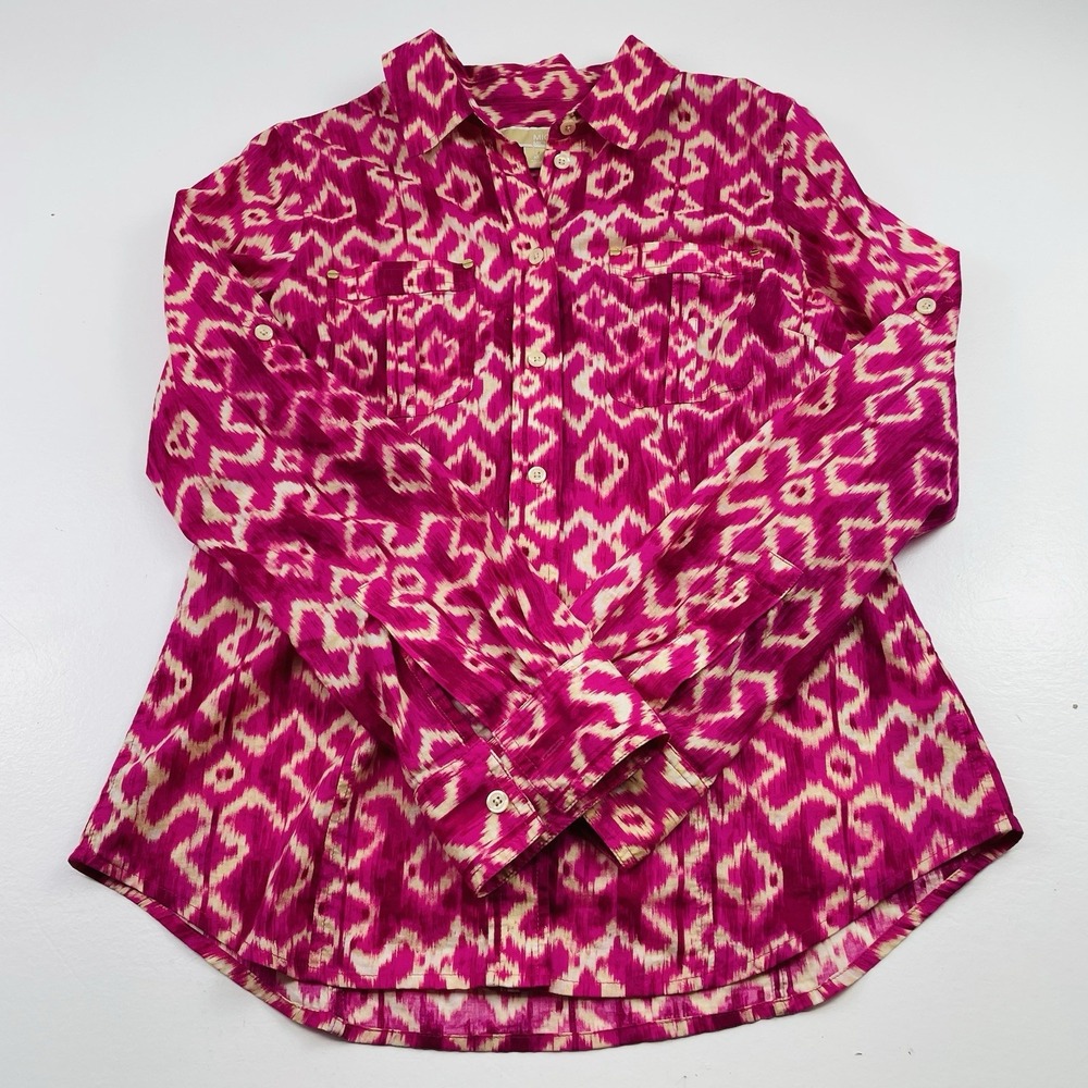 Michael Kors Women's Blouse Medium Pink‎ Button Down Gold Details Office Casual